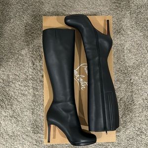 Black Leather Knee High Heel Boots - Size: EU 38.5 / US 8